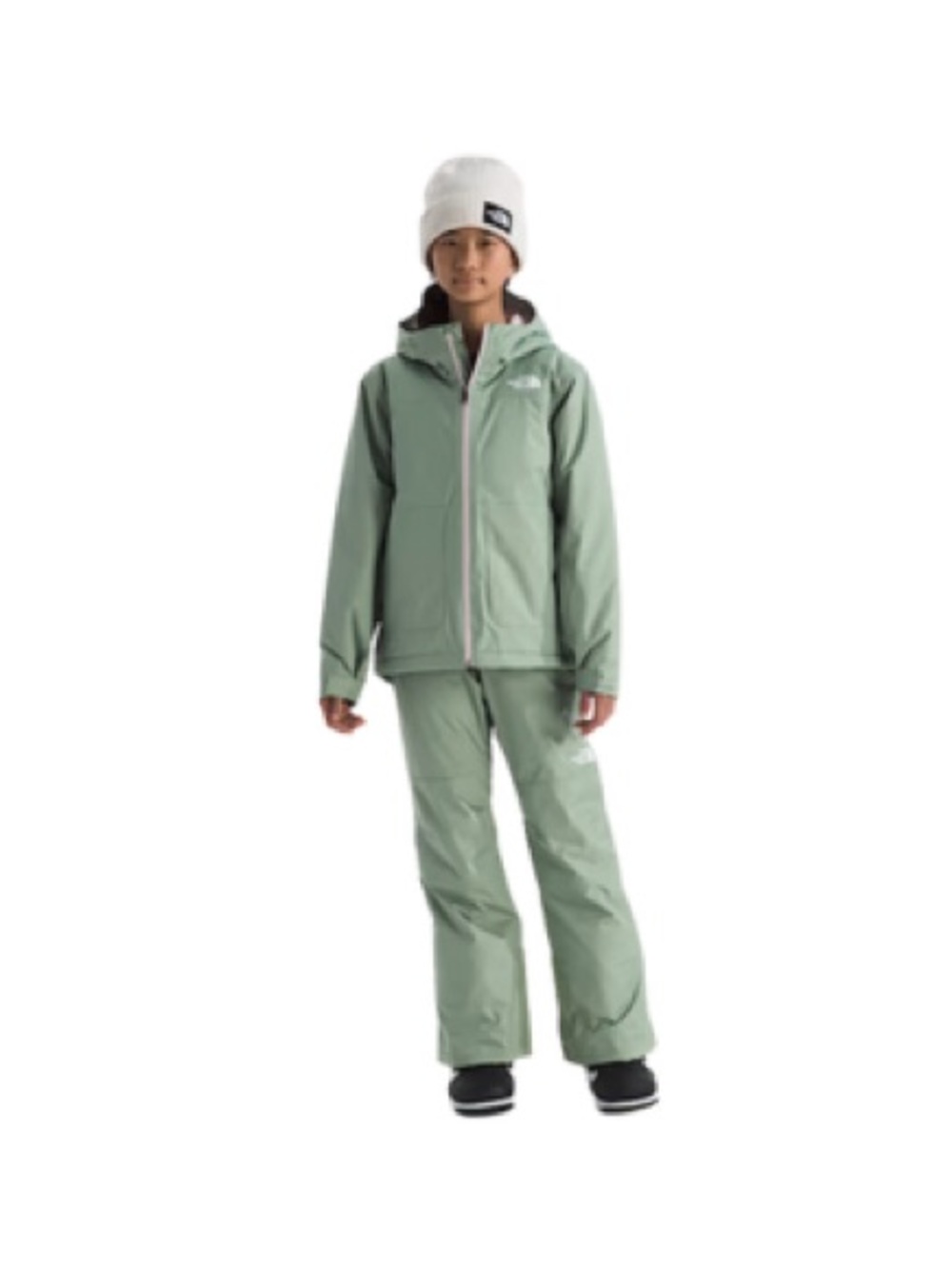 The north face girls ski snowboard outfit bibs and jacket in moss green